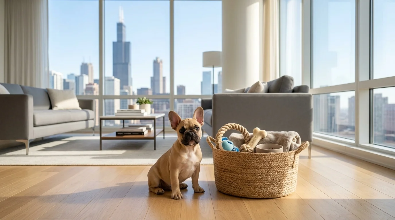 A happy dog sitting in a small living room surrounded by essential apartment puppy products