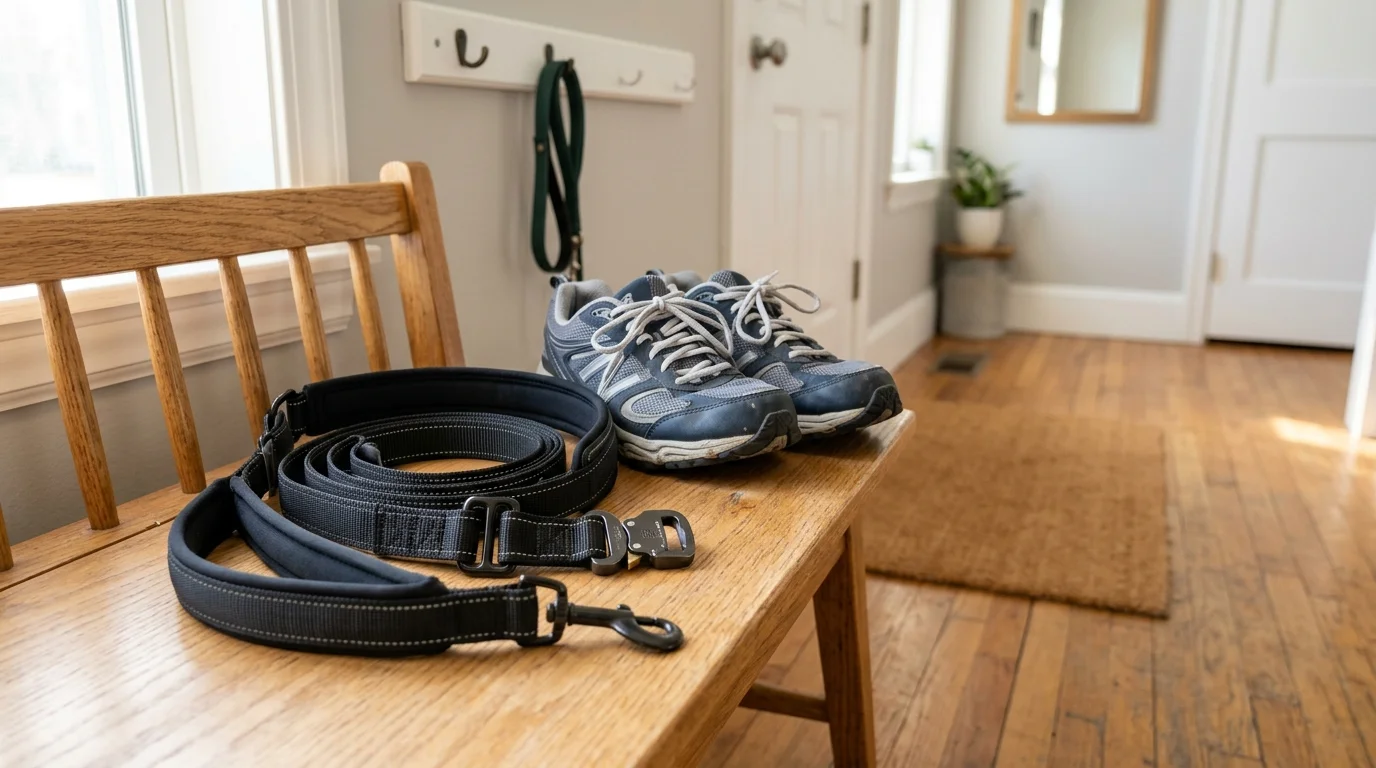 A heavy-duty black dog leash and a pair of running shoes sitting ready on a wooden entryway bench. Having quick-access walking gear is one of the most practical **apartment puppy products** for fast outdoor potty breaks.