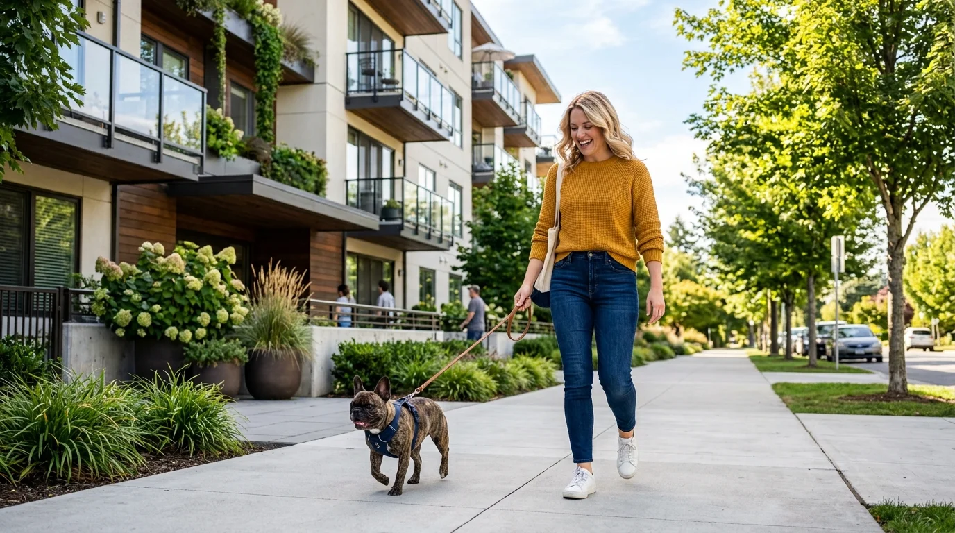 A woman walking a French bulldog on a sidewalk near an apartment complex.