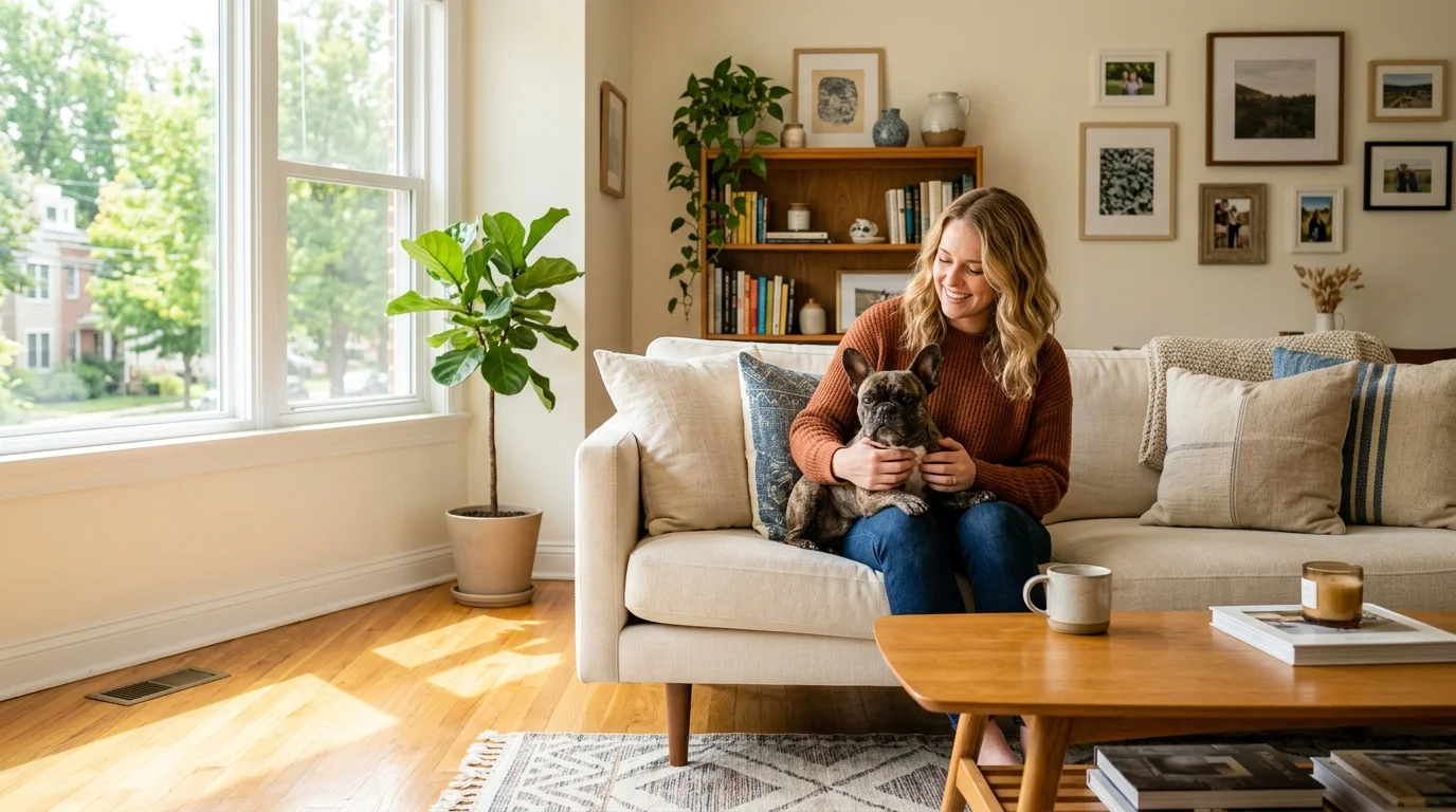 A young white woman cuddling a French bulldog on a couch in a sunlit living room.