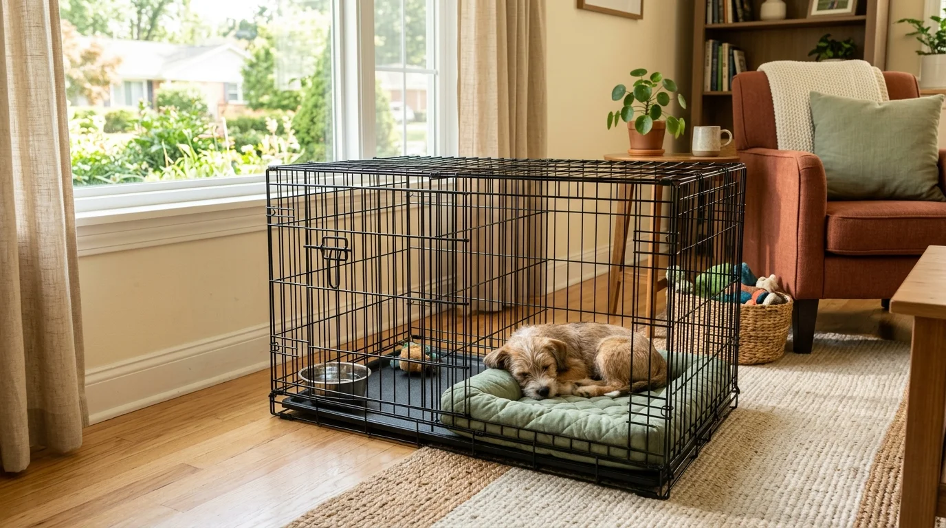 A black wire dog crate with a metal divider panel inside, containing a small resting puppy on a sage green mat in a sunlit living room.