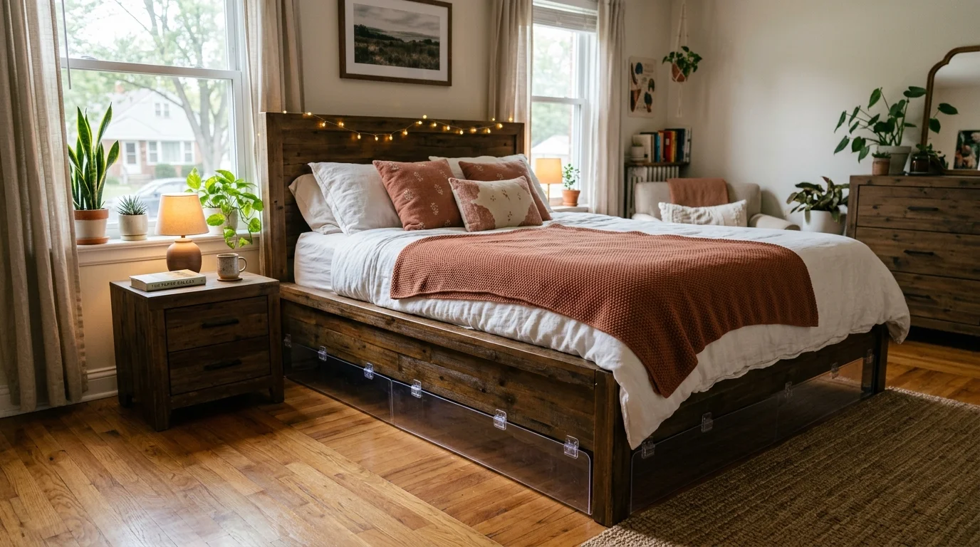 Clear plastic panels installed around the base of a bed frame to block access underneath.