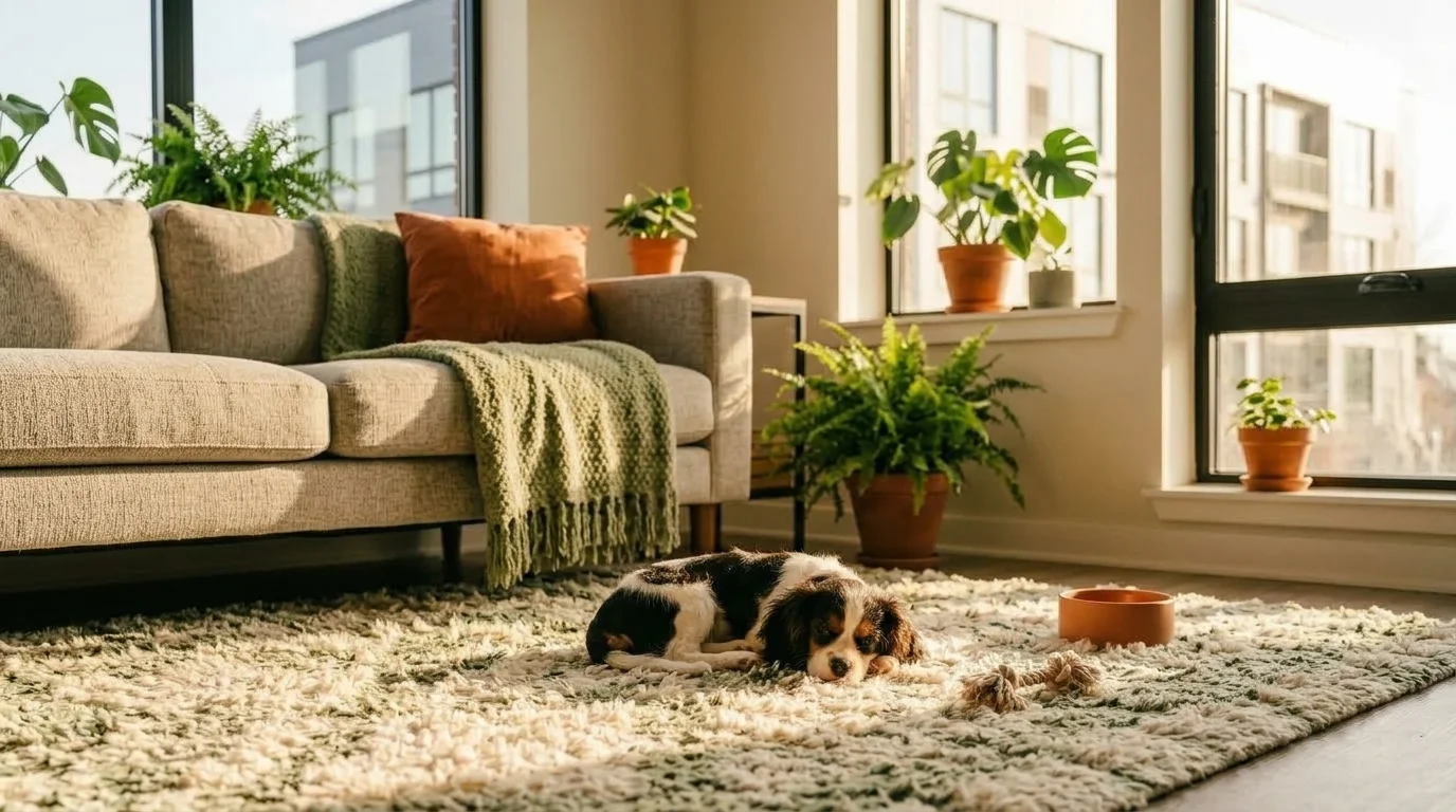 A small spaniel puppy resting on a rug in a modern apartment living room.