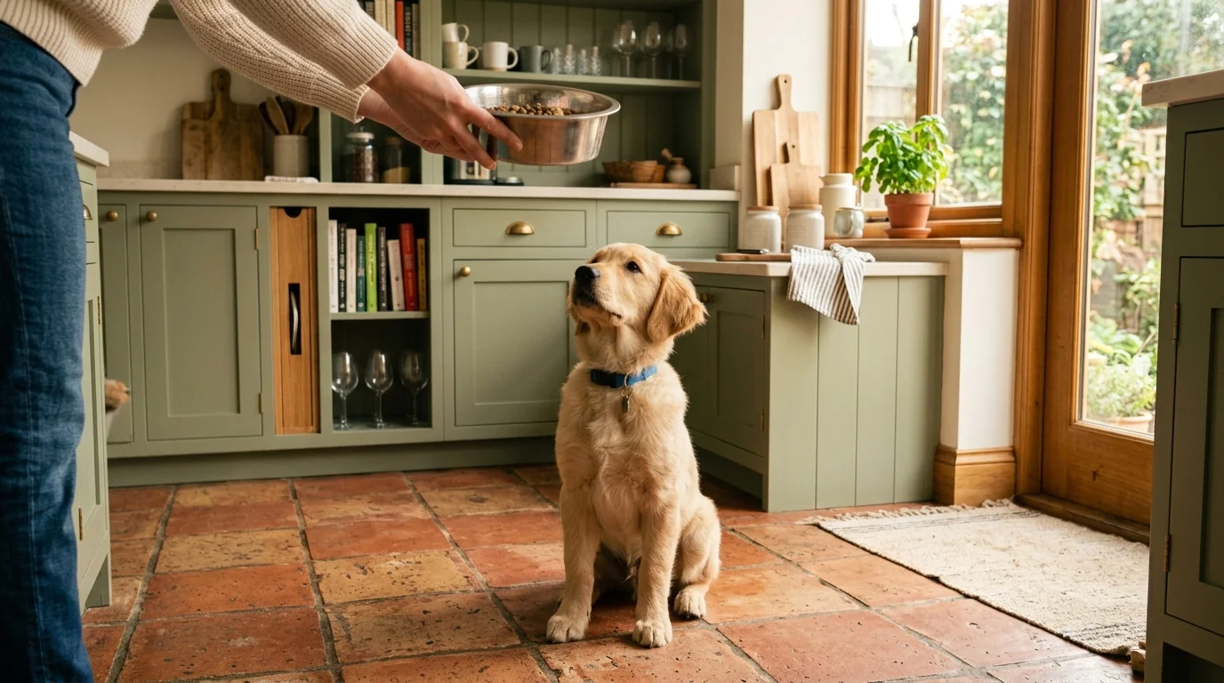 A Golden Retriever puppy sitting on a kitchen floor looking up at a stainless steel food bowl held by a person
