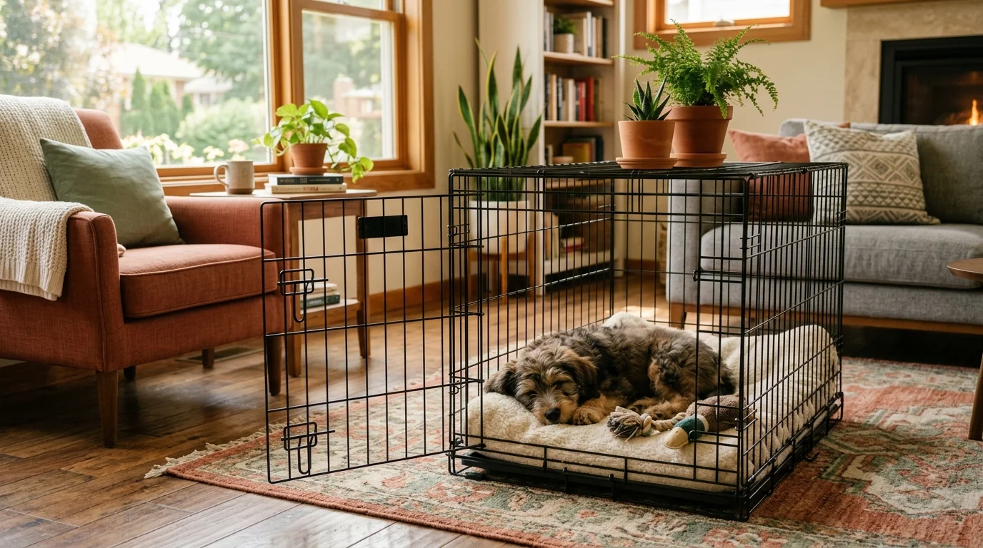 A tired mixed-breed puppy sleeping peacefully on a soft bed inside an open wire dog crate in a brightly lit living room.