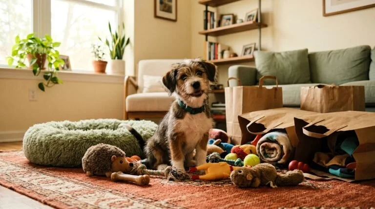 A mixed-breed puppy sitting on a rug surrounded by a messy pile of dog toys, a plush bed, and shopping bags.