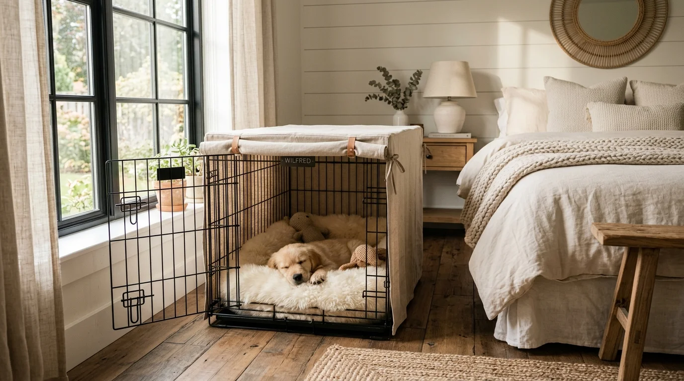 A peacefully sleeping golden retriever puppy inside a cozy, covered wire crate in a modern bedroom.