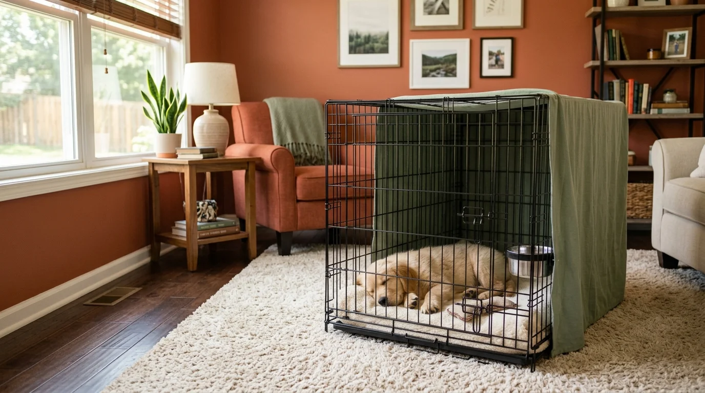 A golden retriever puppy sleeping comfortably inside a black wire dog crate in a brightly lit living room.