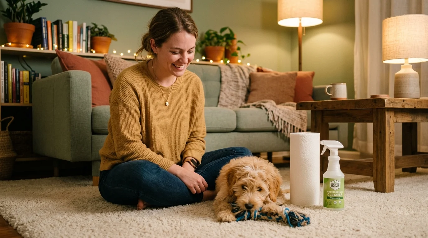 A woman sits on a living room floor next to cleaning supplies and a fluffy puppy.