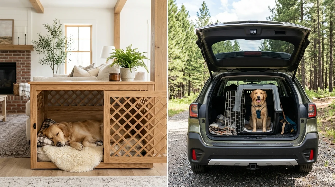 Split screen showing a wooden home dog crate in a living room and a rugged travel dog crate in the back of an SUV.
