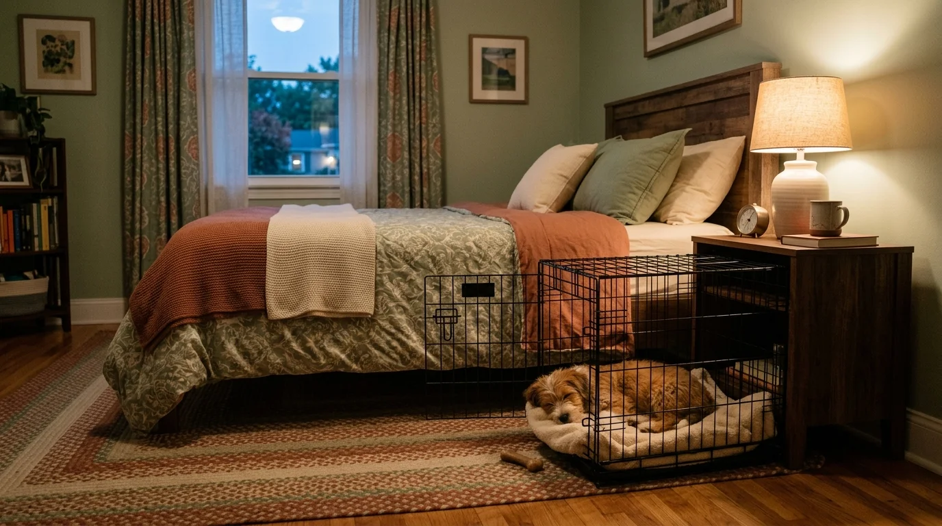 A small mixed-breed puppy laying comfortably inside a wire crate next to a bed in a softly lit bedroom