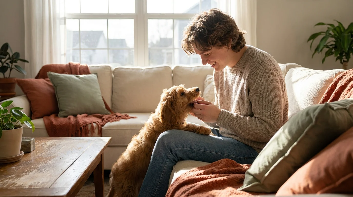 A person gently lifting a puppy's lip to check its teeth in a bright living room.