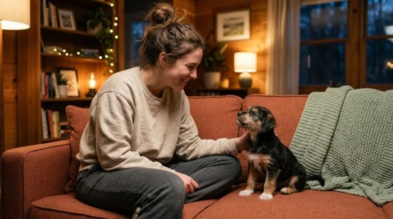 A woman sitting on a sofa looking down at a small puppy staring up at her.