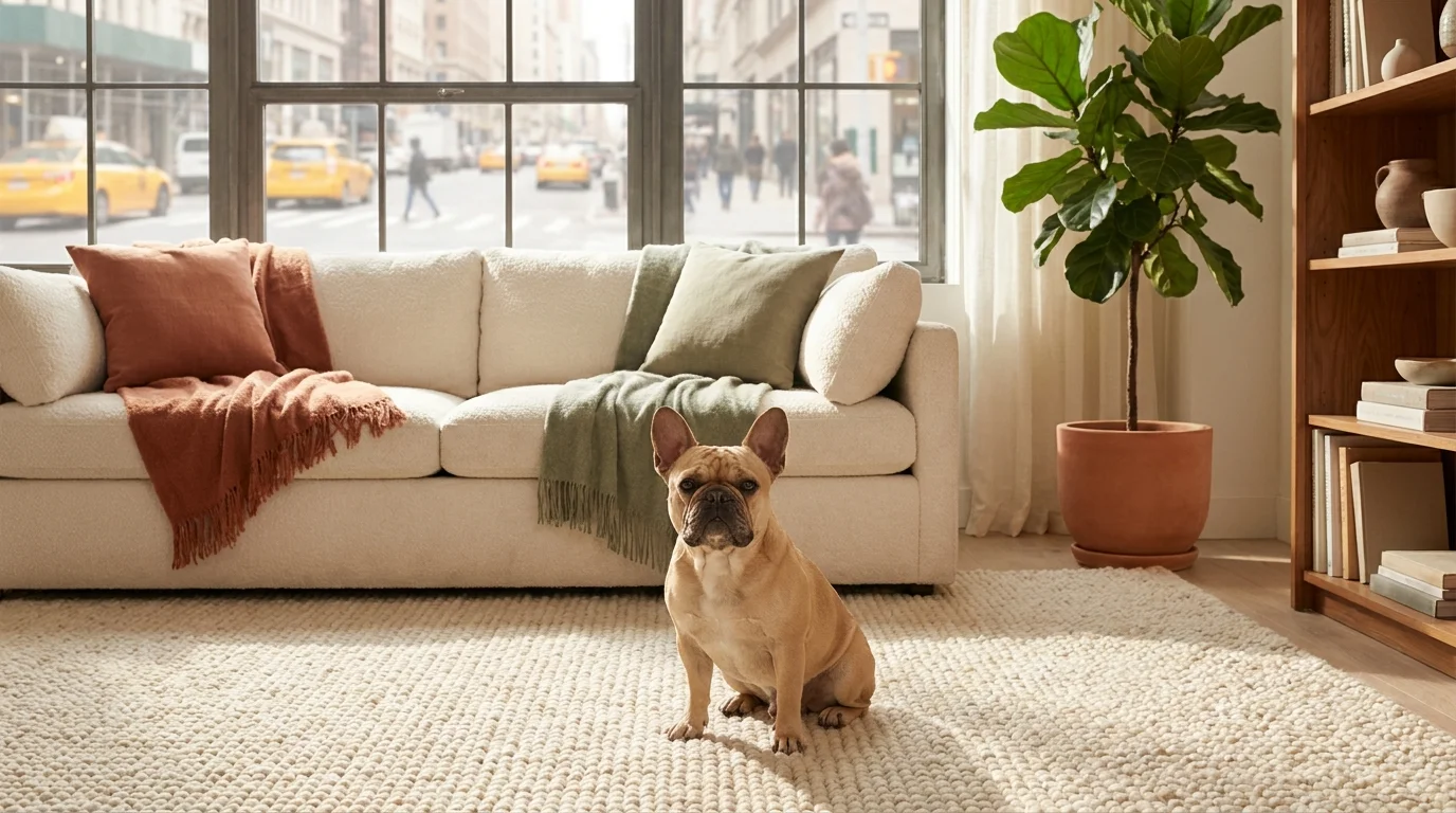 A fawn French Bulldog sits calmly on a cream rug in a sunlit, modern apartment living room with large windows overlooking a city.