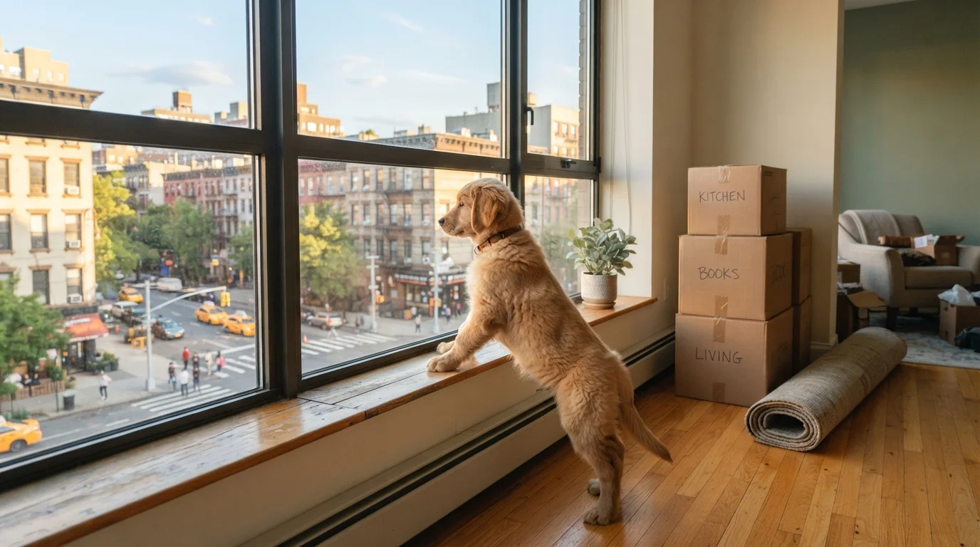 Moving apartment with dog checklist guide showing packed boxes and a dog