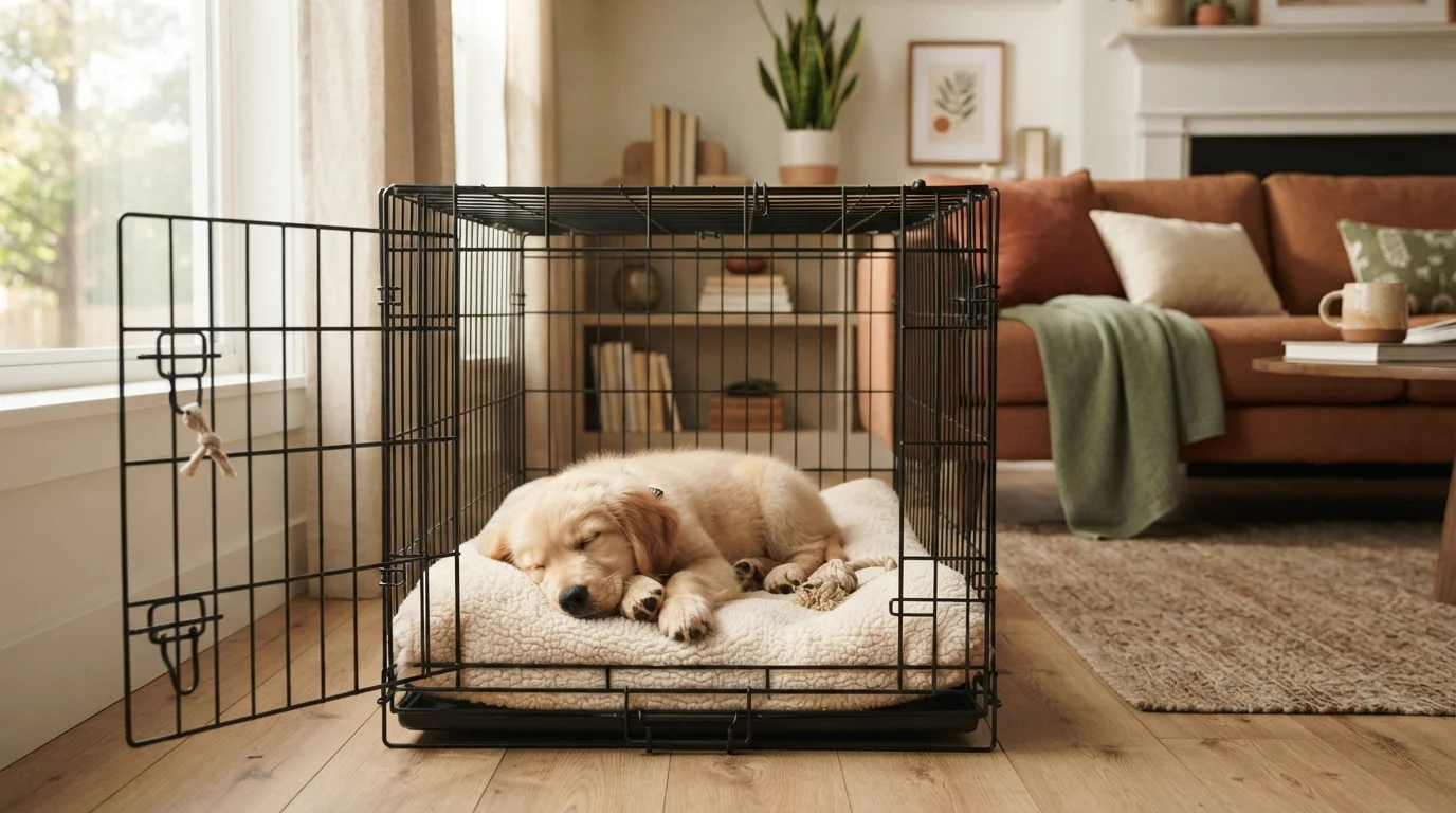 A small golden retriever puppy sleeping inside an open wire crate with a soft blanket in a bright living room.