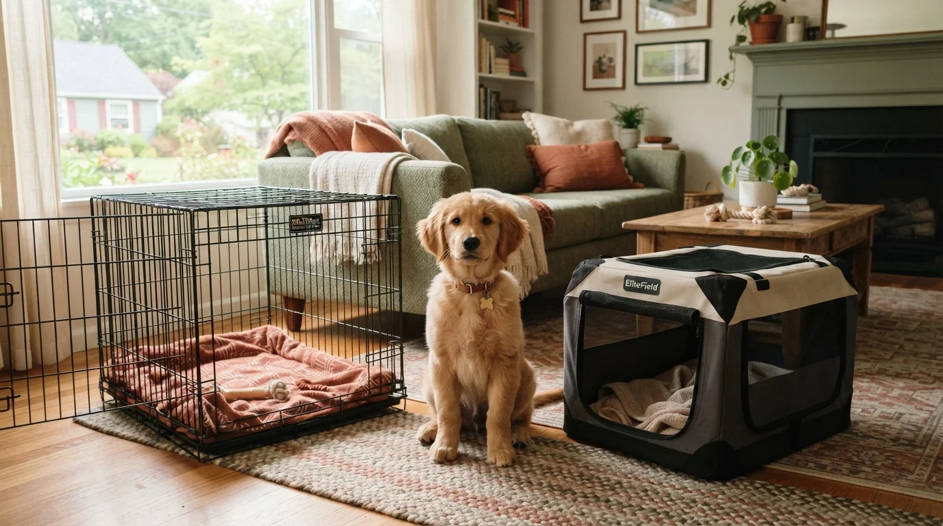 A golden retriever mix puppy sits between a wire home crate and a soft-sided travel crate in a sunny living room.