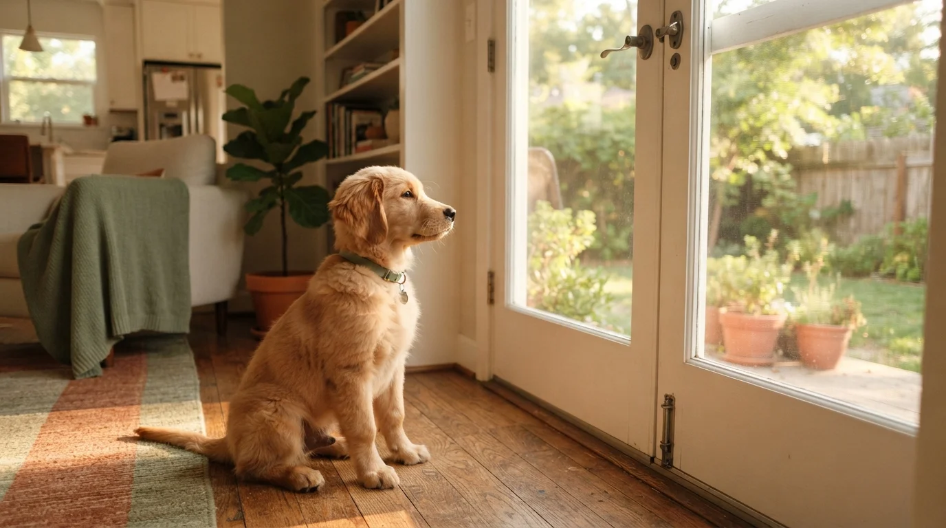 A golden retriever puppy sitting by a screen door in a suburban living room with hardwood floors.