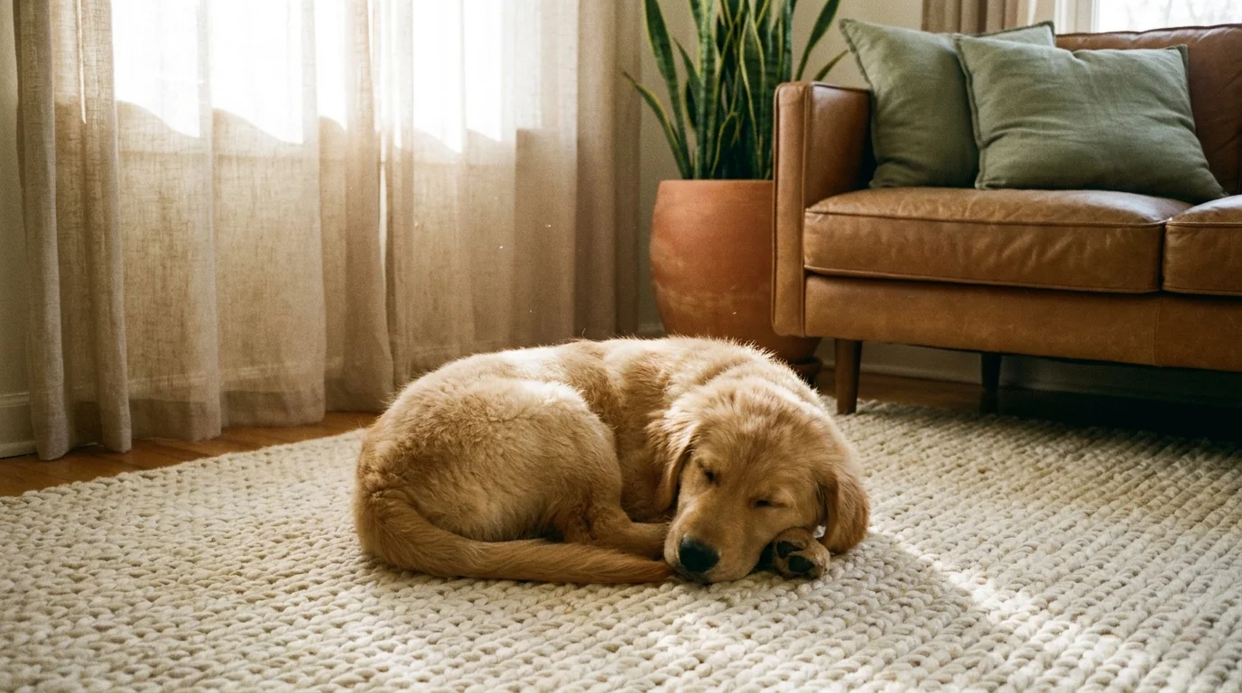 A golden retriever puppy sleeps soundly on a cream rug in a sunlit living room with terracotta and sage green accents.