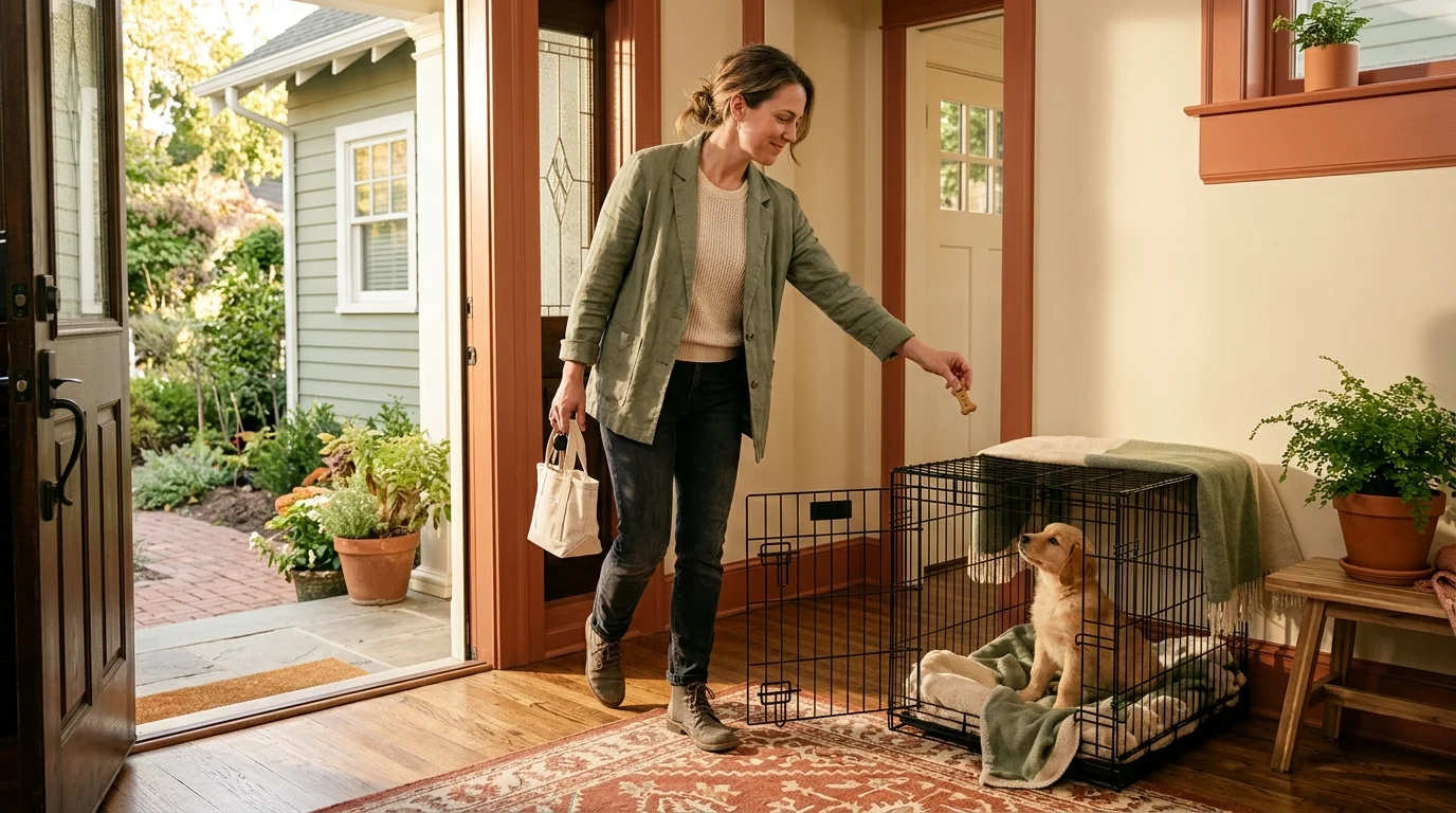 A person placing a dog treat into a crate as they walk toward the front door to leave the house