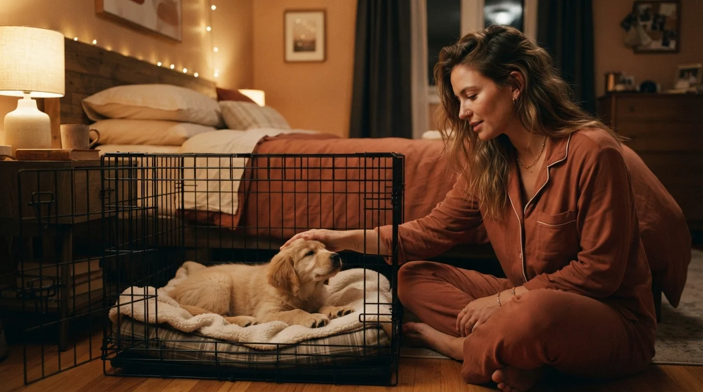 A person sitting on a bedroom floor next to a wire puppy crate at night, comforting a small golden retriever puppy.