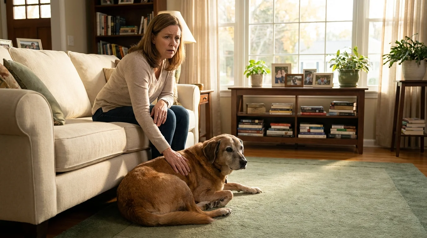 A pet owner looking down with concern at a dog resting on a living room rug in a suburban home.