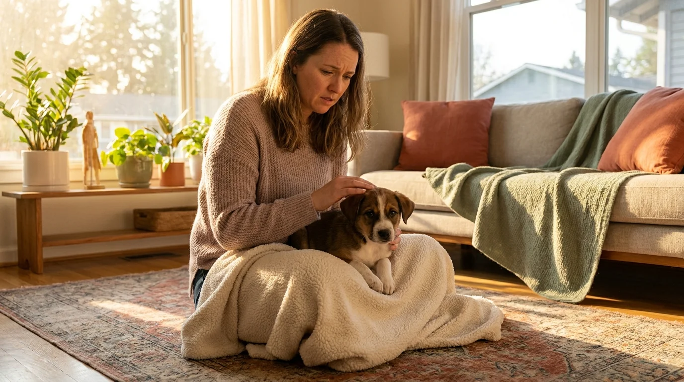 A person comforting a small mixed-breed puppy wrapped in a blanket in a brightly lit suburban living room.