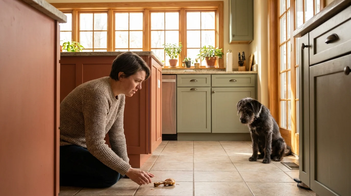 A person looking down at a discarded chicken bone on a kitchen floor while a small puppy watches from nearby.