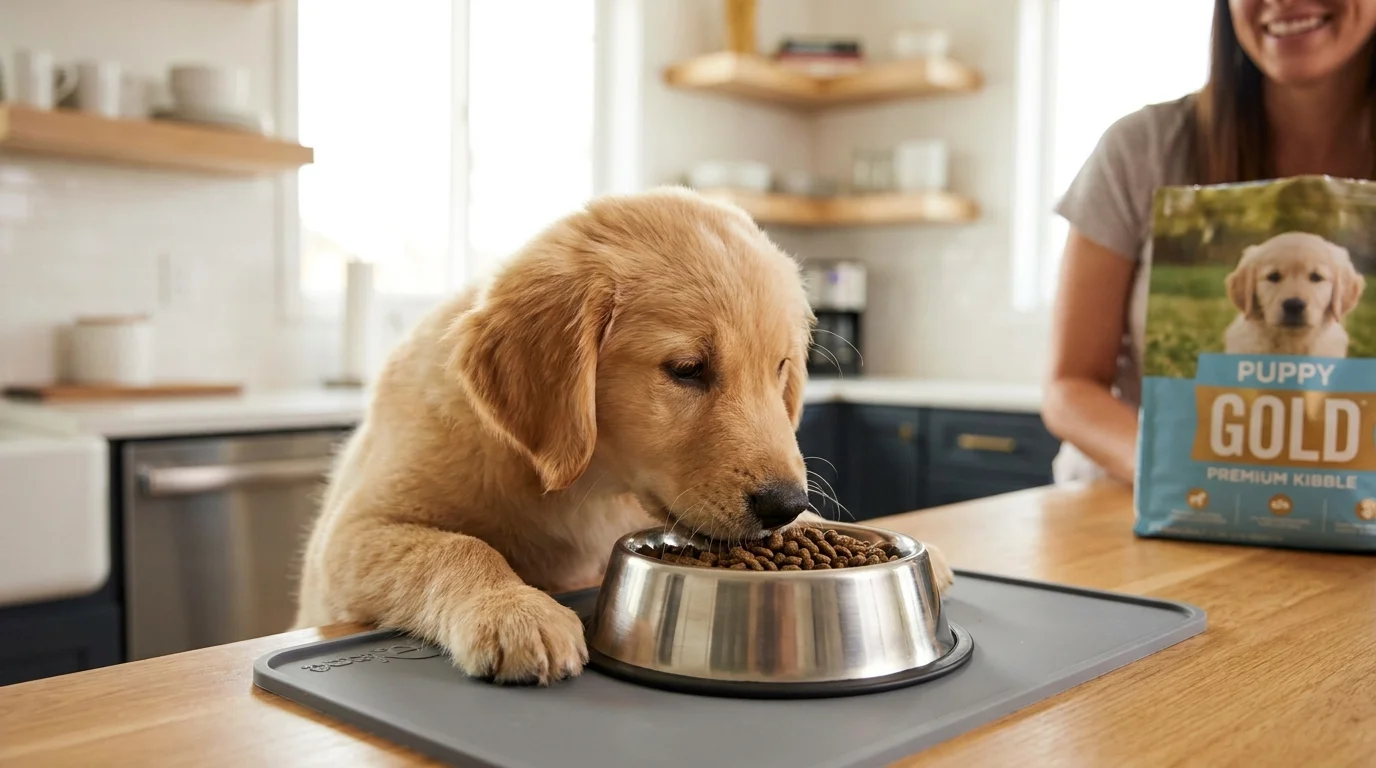 A puppy eating kibble from a stainless steel bowl on a kitchen floor.