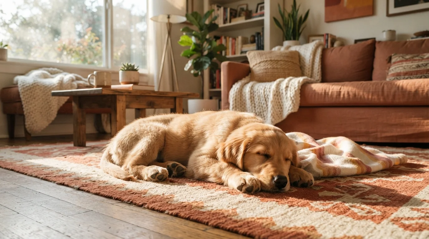 A calm puppy resting its head on a living room rug in warm sunlight.