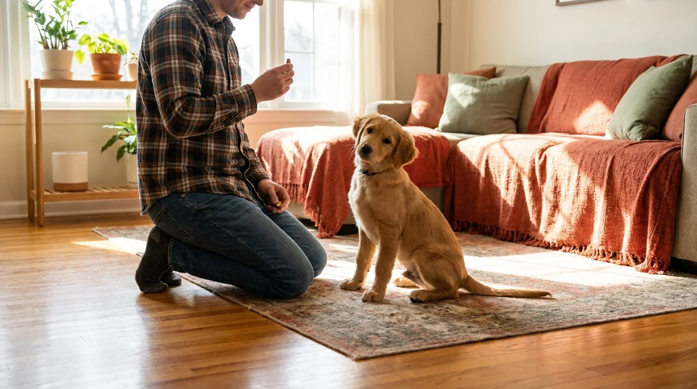 A golden retriever mix puppy sitting attentively on a hardwood floor in a sunlit living room while looking up at its owner.