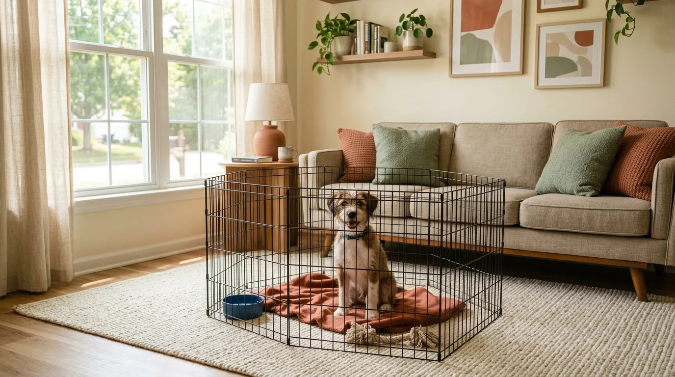 A small mixed breed puppy sitting inside a metal exercise pen in a modern apartment living room with a sofa in the background.