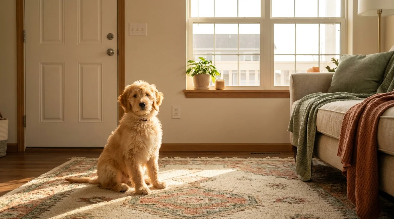 A golden retriever mix puppy sits on a living room rug near a closed white door in a bright suburban home.