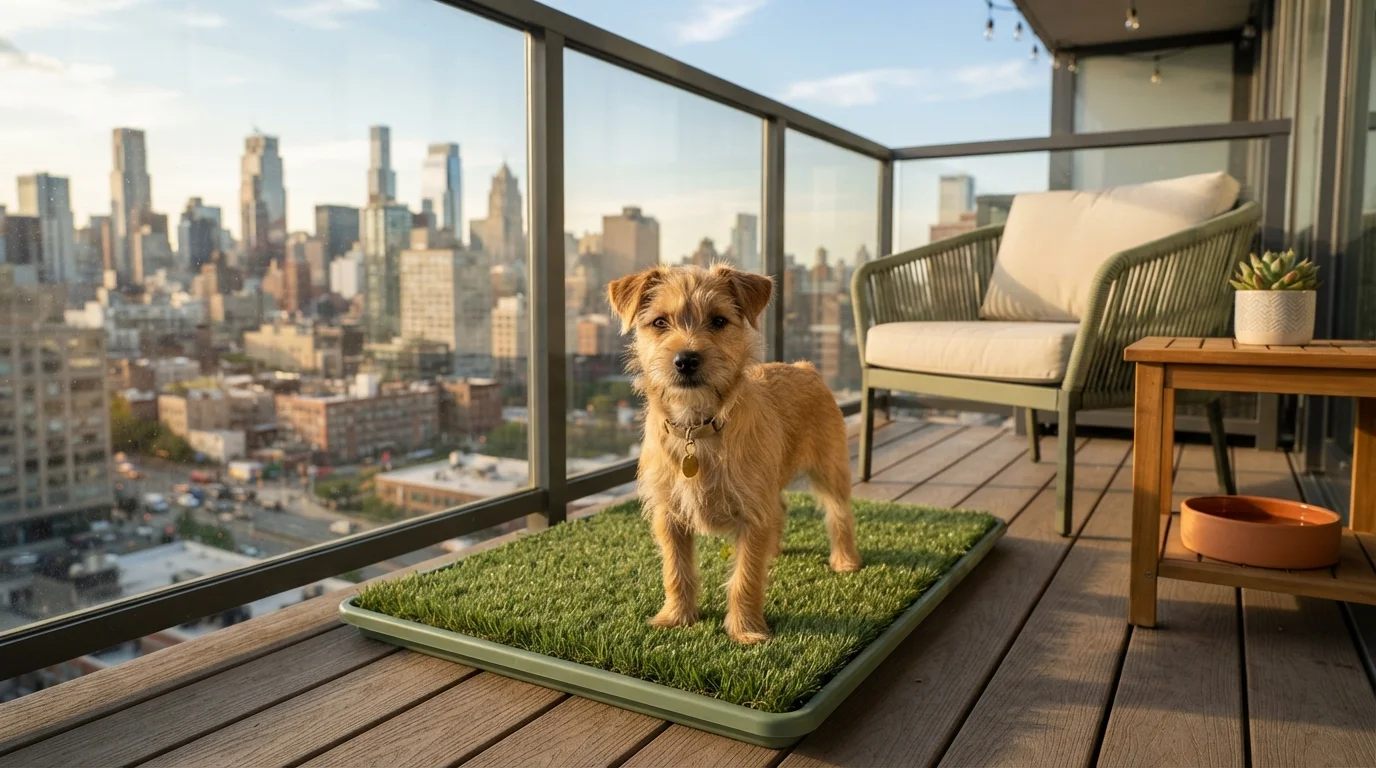 A small puppy standing on an indoor synthetic grass potty tray on an apartment balcony.