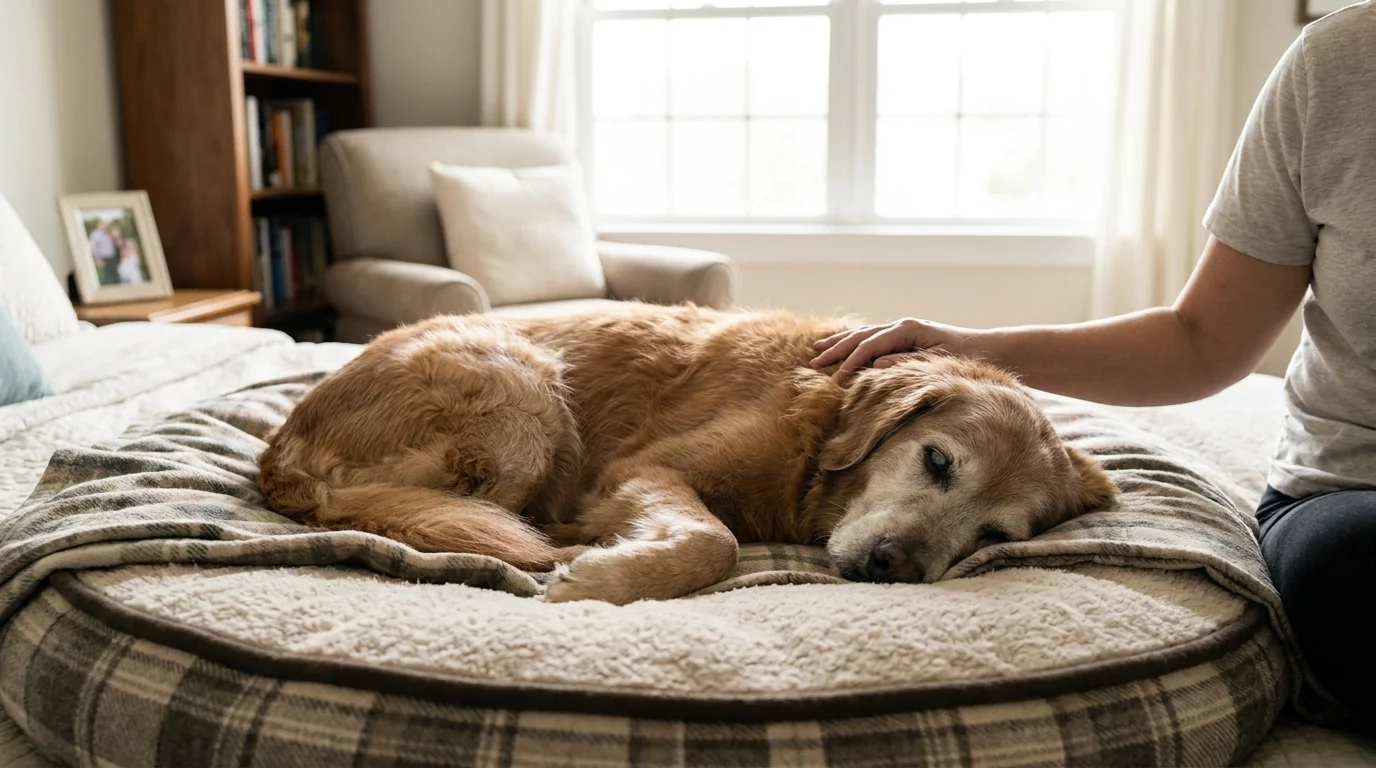 An elderly senior dog resting peacefully on an orthopedic bed in a quiet bedroom.