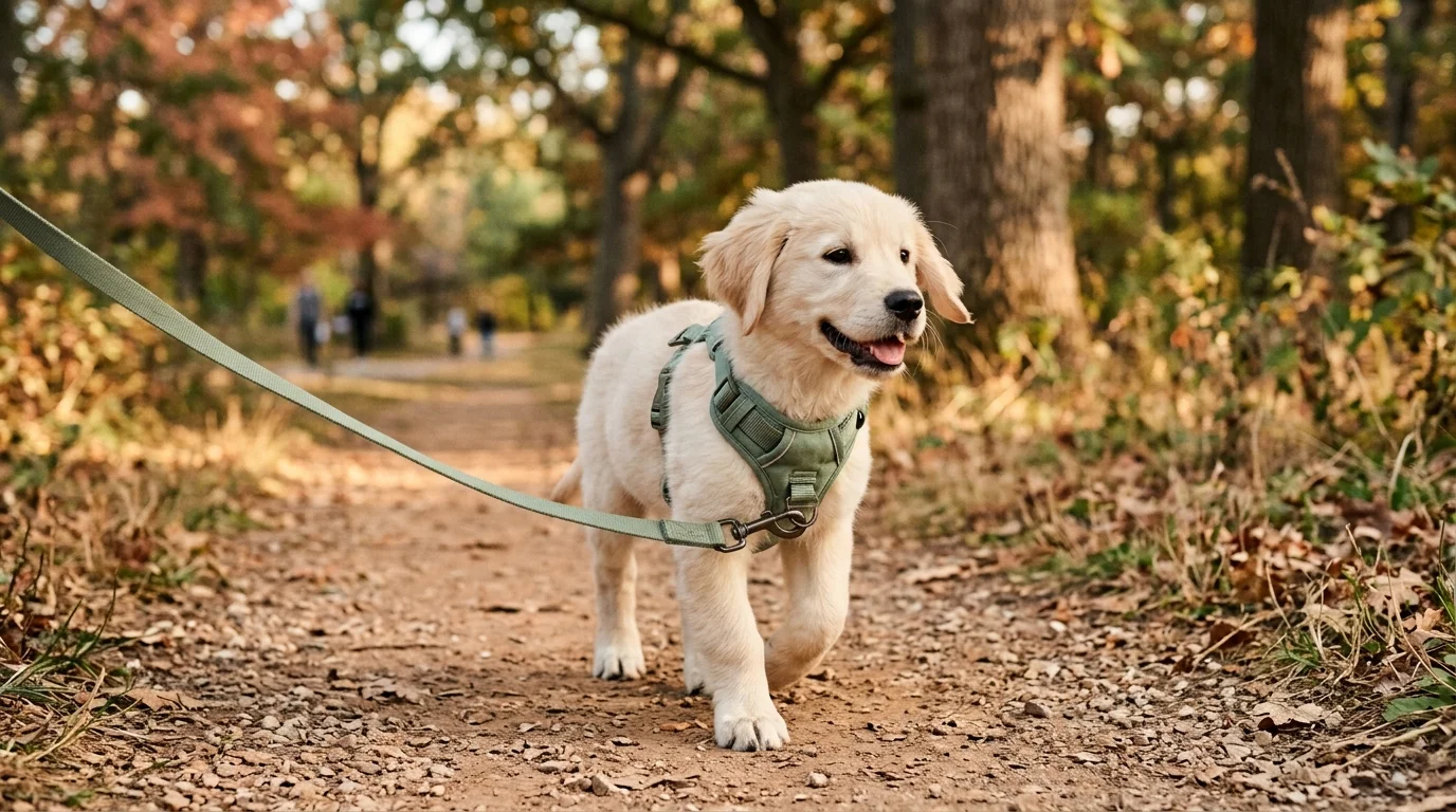 A puppy standing outdoors wearing a green harness with the leash attached to the front chest ring