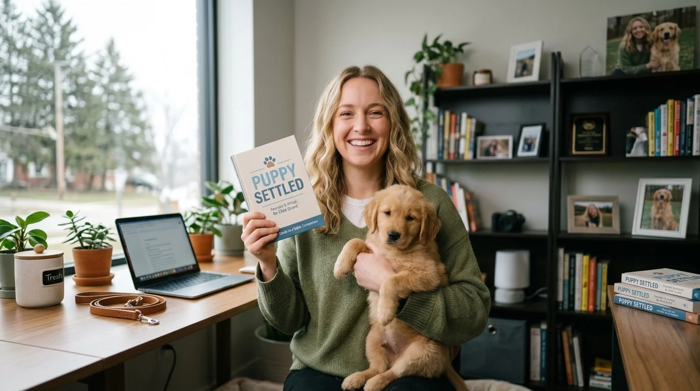 A smiling woman wearing a green sweater holding a golden retriever puppy in one hand and a book titled "Puppy Settled" by Eliza Grant in the other, sitting at a desk with a laptop.