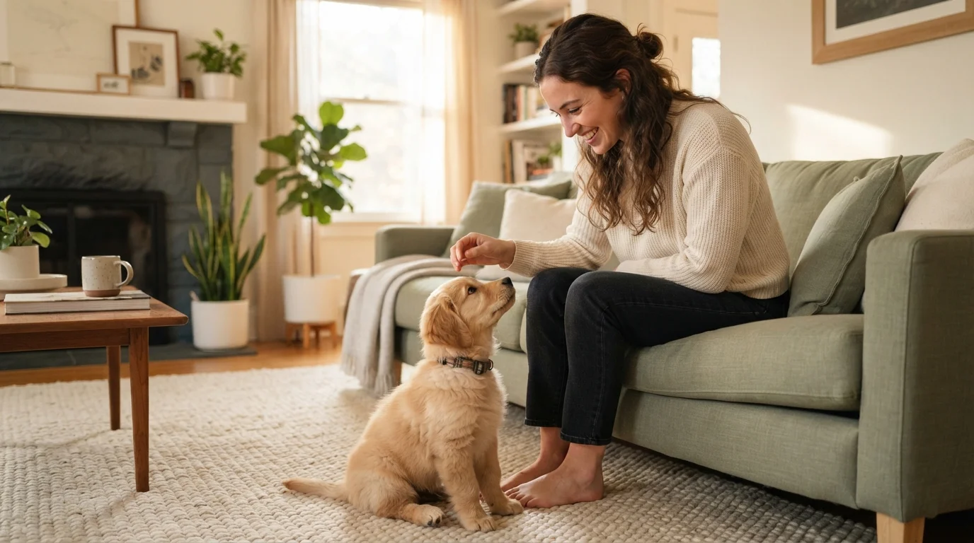 A woman sitting on a sofa looking down at a small puppy staring up at her in a living room.