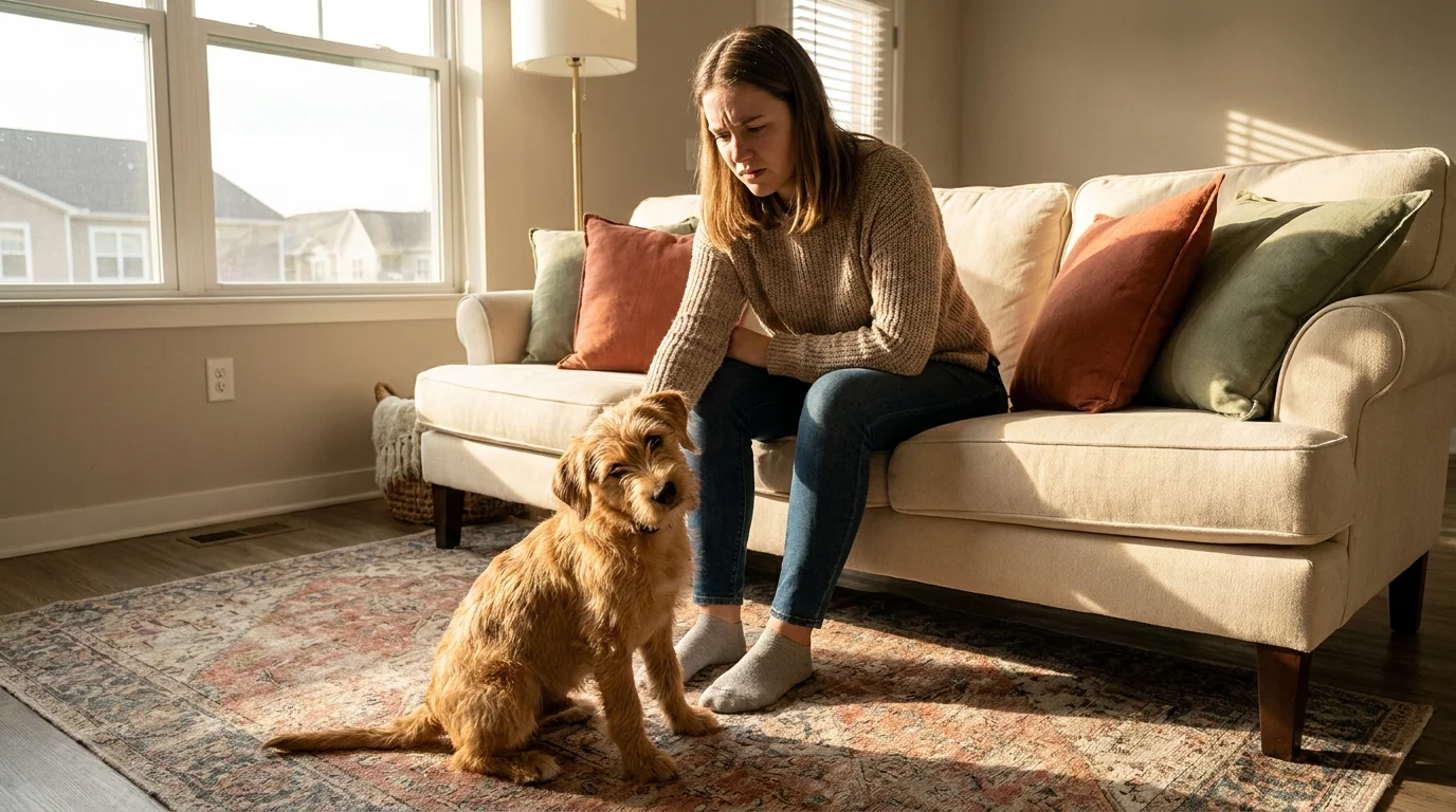 A young woman looking down at a small mixed-breed puppy sitting on a living room rug in an apartment.