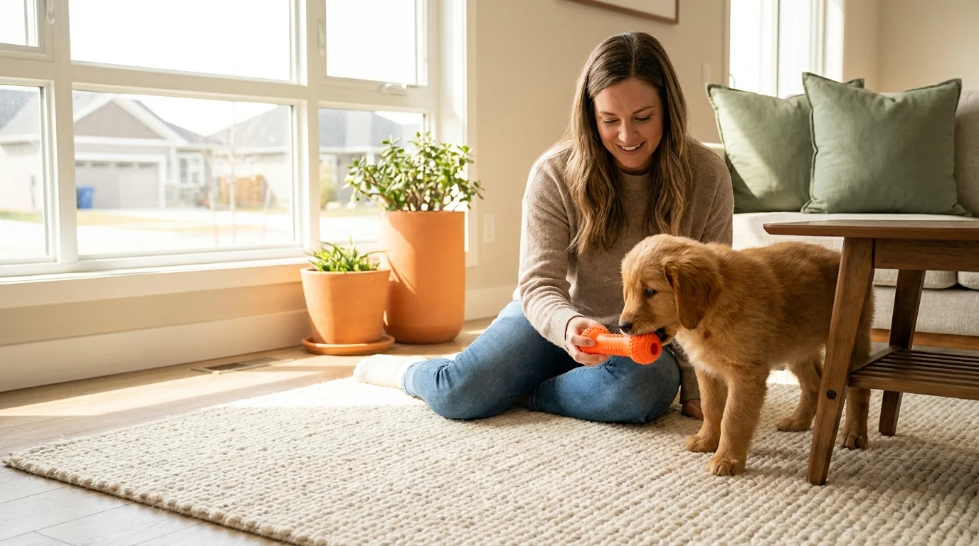Woman sitting on a living room floor redirecting a golden retriever puppy with a rubber toy.