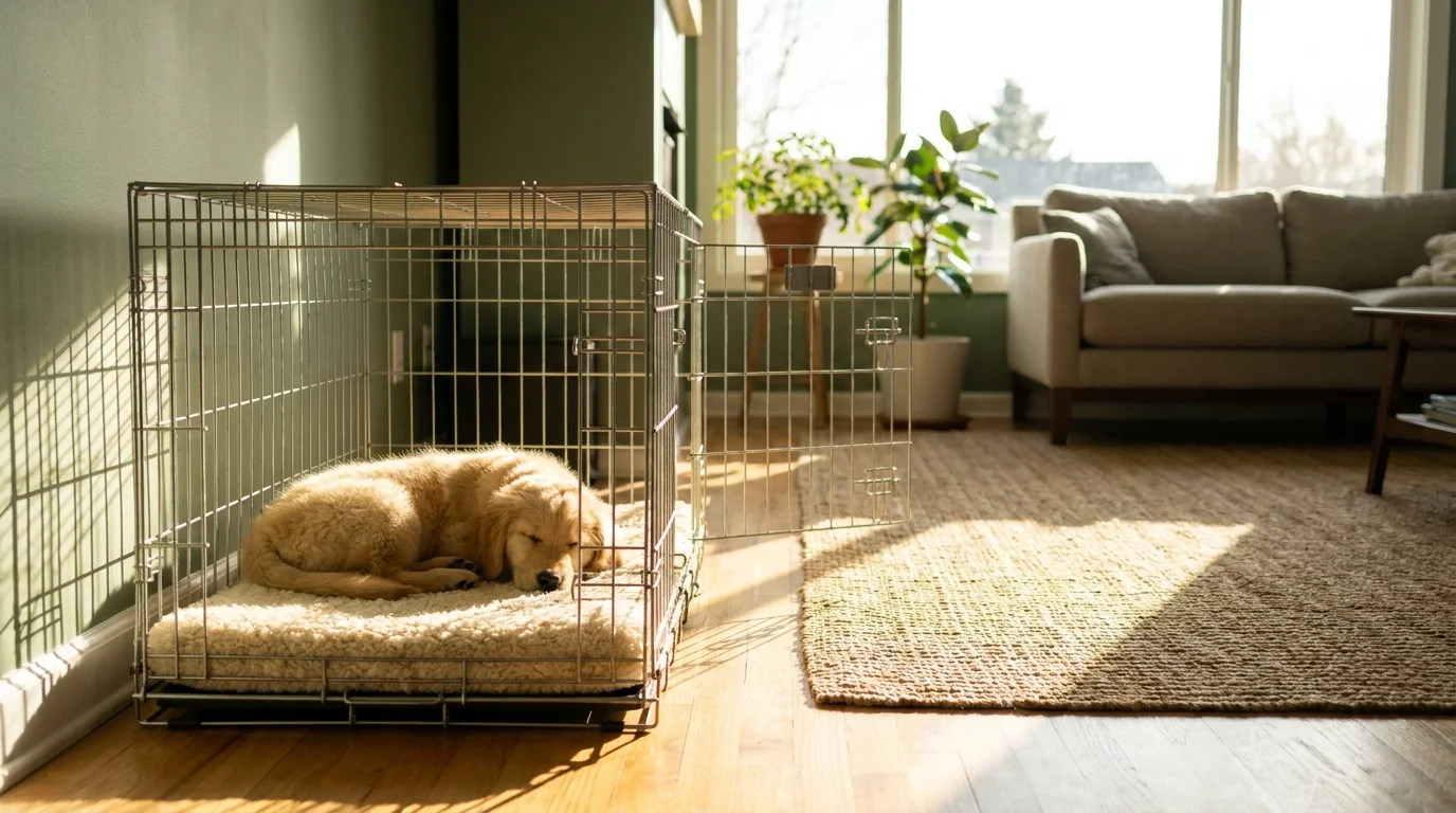 A golden retriever puppy lies inside an open wire crate with a soft pad on a hardwood floor.