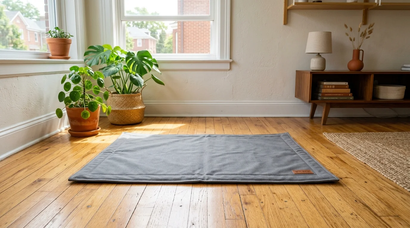 A flat canvas dog bed mat resting on a hardwood floor.