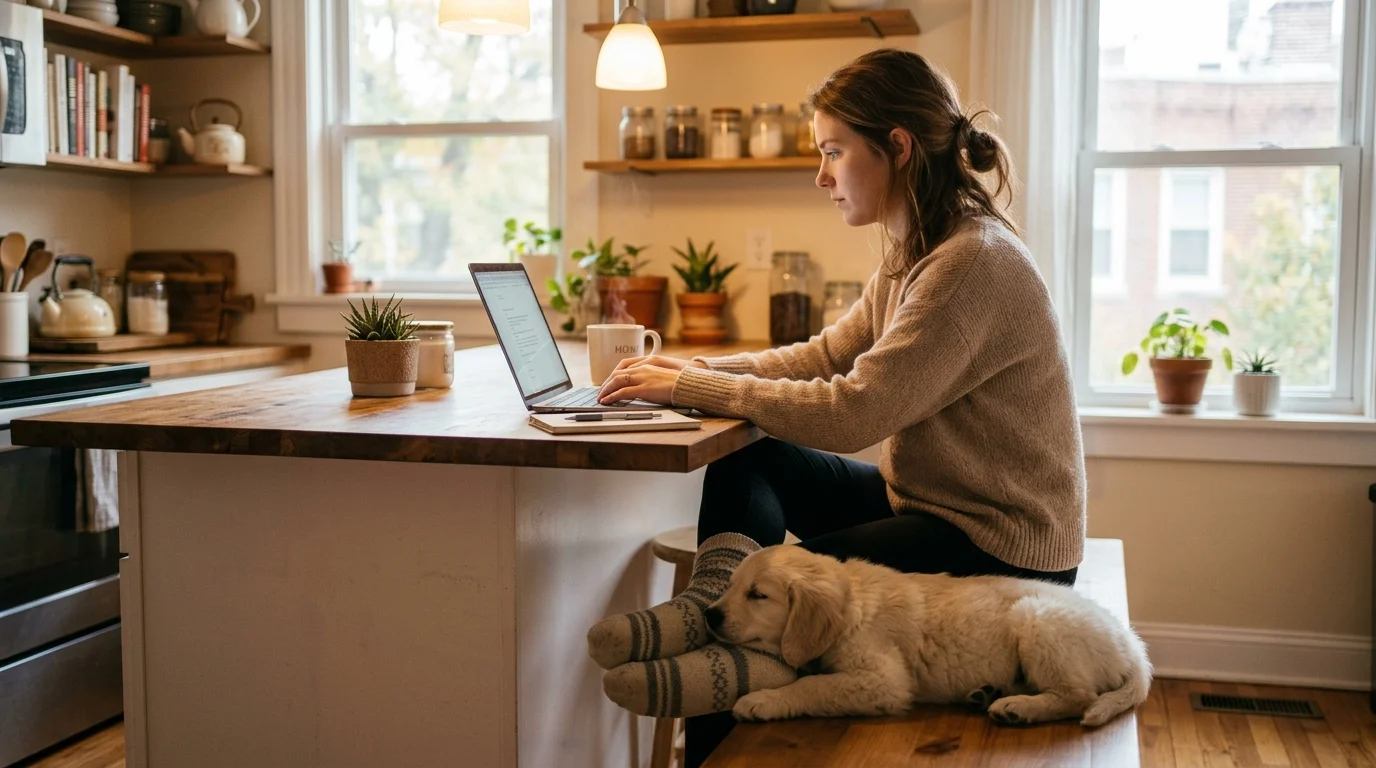 A person typing on a laptop at a kitchen counter with a small puppy resting near their feet.
